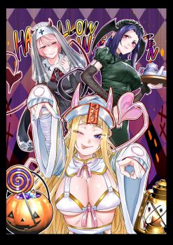 Rule 34 | 3girls, ;d, akino sayuri, argyle background, black border, black wings, blonde hair, blue eyes, blue nails, border, breasts, candy, cleavage, commentary request, demon horns, demon tail, dosanko gal wa namaramenkoi, double v, dress, eyeshadow, fake horns, food, fuyuki minami, green dress, green shirt, hair behind ear, halloween, halloween bucket, head wings, highres, holding, holding tray, hood, hoodie, horns, ikada kai, jacket, jiangshi costume, lantern, large breasts, light frown, lollipop, looking at viewer, makeup, mole, mole under eye, multiple girls, natsukawa rena, nun, ofuda, one eye closed, open mouth, pink eyes, pink eyeshadow, pink hoodie, pink tail, portrait, purple background, purple eyes, purple hair, red horns, shirt, smile, swirl lollipop, tail, tea set, tongue, tongue out, translation request, tray, v, v-shaped eyebrows, white jacket, wings