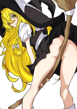 1girl absurdres ass bare_legs between_buttocks black_skirt black_vest blonde_hair blush bow braid broom commentary_request covered_pussy hair_bow hat highres holding holding_broom kirisame_marisa leaning_forward long_hair looking_at_viewer looking_back no_panties shirt simple_background single_braid skirt skirt_set solo touhou unanooo_(fthx7532) very_long_hair vest white_background white_shirt witch_hat