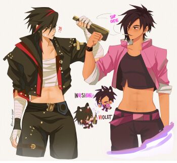 2girls arcane:_league_of_legends arcane_brawler_vi arcane_vi bandaged_arm bandages belt black_hair black_jacket black_pants character_name chest_sarashi chibi dispatch face_piercing highres invisigal jacket league_of_legends multiple_girls navel nose_piercing official_alternate_costume official_alternate_hair_color pants piercing pink_belt red_hair sarashi saudzai shirt short_hair simple_background studded_jacket vi_(league_of_legends) white_background