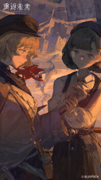 2girls absurdres bag beret blonde_hair blue_neckerchief brown_bag brown_eyes brown_hair brume_(reverse:1999) celia_(reverse:1999) city collared_shirt copyright_name copyright_notice dragon_on_shoulder dress evening freckles gem glasses hand_up hat highres holding holding_gem holding_hands jewelry localized_gravity logo looking_at_another multiple_girls neckerchief necklace newsboy_cap official_art official_wallpaper orange_sky outdoors profile purple_dress reverse:1999 round_eyewear shirt short_hair shoulder_bag sidelighting sky smile tank_top upper_body white_shirt white_tank_top yellow_eyes