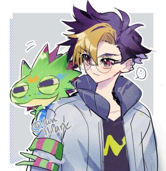 1boy black_shirt blonde_hair blue_hair border digimon digimon_beatbreak gecko gekkomon glasses grey_background jacket lanlllan male_focus multicolored_hair purple_eyes round_eyewear shirt simple_background tenma_tomoro twitter_username two-tone_hair upper_body white_border white_jacket