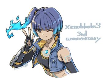 1girl ;) anniversary bare_shoulders black_gloves black_sports_bra blue_hair blue_vest body_markings bracer breasts brown_eyes chest_jewel collarbone commentary cropped_torso cropped_vest dated elbow_gloves fiery_hair finger_counting fingerless_gloves gloves gradient_hair looking_at_viewer multicolored_hair one_eye_closed open_clothes open_vest saitou_masatsugu sena_(xenoblade) shoulder_tattoo side_ponytail simple_background small_breasts smile solo sports_bra tattoo vest w white_background xenoblade_chronicles_(series) xenoblade_chronicles_3