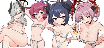 4girls absurdres armpits arms_behind_head bikini black_choker black_eyes black_horns blue_archive blue_hair breasts chiaki_(blue_archive) choker cleavage closed_mouth coin crossed_legs demon_horns eyepatch_bikini grey_hair grin hair_over_one_eye halo highres holding holding_pendulum holed_coin horns iroha_(blue_archive) large_breasts leaning_forward long_hair looking_at_viewer mago_cats makoto_(blue_archive) medium_breasts mole mole_on_breast multiple_girls navel pendulum pink_hair pointy_ears purple_halo red_eyes red_halo satsuki_(blue_archive) simple_background small_breasts smile stomach swimsuit white_background white_bikini yellow_eyes