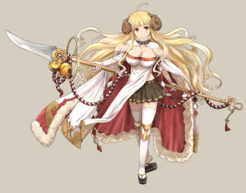 Rule 34 | 1girl, ahoge, anila (granblue fantasy), black sandals, black skirt, blonde hair, blunt bangs, breasts, brown background, cape, cleavage, closed mouth, commentary request, crossed legs, curled horns, draph, full body, gloves, granblue fantasy, haniwa (leaf garden), holding, holding behind back, holding polearm, holding weapon, holding weapon behind back, horns, kouhaku nawa, large breasts, long hair, looking at viewer, miniskirt, naginata, okobo, pelvic curtain, platform sandals, pleated skirt, polearm, rope, sandals, sheep horns, shimenawa, shirt, simple background, skirt, smile, solo, tabard, thick eyebrows, thighhighs, trimmed cape, two-sided cape, two-sided fabric, very long hair, watson cross, weapon, white cape, white shirt, white tabard, white thighhighs, yellow eyes, zettai ryouiki