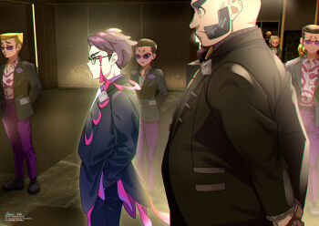 2girls 4boys arms_behind_back black_hair black_jacket closed_mouth commentary_request corbeau_(pokemon) facial_mark from_side glasses hand_in_pocket indoors jacket long_sleeves male_focus mitsuha_(bless_blessing) multiple_boys multiple_girls nintendo open_clothes open_jacket pants philippe_(pokemon) pokemon pokemon_legends:_z-a purple-tinted_eyewear purple_hair purple_pants round_eyewear standing sunglasses tinted_eyewear yellow_eyes