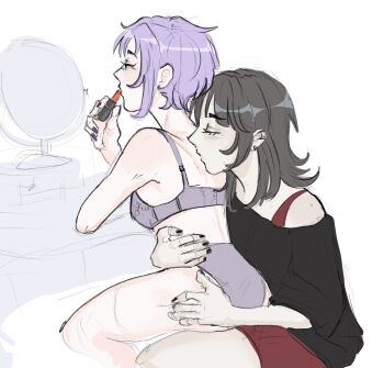 2girls applying_lipstick applying_makeup bang_dream! bang_dream!_it's_mygo!!!!! black_hair black_nails black_shirt bra closed_eyes commentary earrings hand_on_another's_waist highres jewelry kissing_back kryakw long_hair multiple_girls off-shoulder_shirt off_shoulder panties purple_bra purple_hair purple_nails purple_panties shirt short_hair simple_background underwear white_background yahata_umiri yuri yuutenji_nyamu