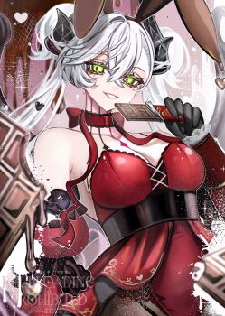 Rule 34 | 1girl, animal ears, bare shoulders, black hands, body markings, breasts, brown pantyhose, candy, chocolate, chocolate bar, choker, cleavage, colored extremities, crossed bangs, demon girl, demon horns, detached sleeves, diandao qin, fake animal ears, fate/grand order, fate (series), food, green eyes, grey hair, grin, hair between eyes, highres, horns, leotard, lilith (fate), long hair, looking at viewer, medium breasts, pantyhose, playboy bunny, rabbit ears, red leotard, smile, solo, thighs, twintails, valentine, very long hair