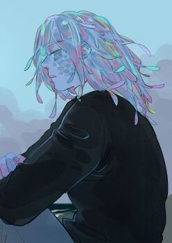 1boy blue_scales blue_skin colored_sclera colored_skin feather_hair fish_boy from_side highres iridescent iridescent_hair iridescent_skin long_hair male_focus monster_boy multicolored_hair original oskar_(sframboob) scales sframboob shirt siren_(mythology) sitting solo white_eyes