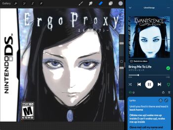 2girls bingi black_hair blue_eyes blue_eyeshadow closed_mouth cover ergo_proxy evanescence expressionless eyeshadow fallen_(evanescence) handheld_game_console highres long_hair looking_at_viewer makeup multiple_girls nintendo_ds re-l_mayer spotify swept_bangs video_game_cover