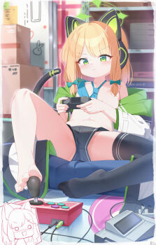 2girls :< animal_ear_headphones animal_ears black_shorts black_thighhighs blonde_hair blue_archive blue_bow blue_necktie bow box cardboard_box cat_ear_headphones cat_ears cat_tail chibi chibi_inset closed_mouth controller fake_animal_ears fake_tail feet flat_chest game_controller green_eyes green_halo hair_bow halo headphones highres holding holding_controller holding_game_controller holding_with_feet hood hood_down hooded_jacket indoors jacket light_blush loli medium_hair midori_(blue_archive) momoi_(blue_archive) motion_lines multicolored_jacket multiple_girls necktie open_clothes open_jacket painter-lhb shorts single_bare_foot single_thighhigh sitting solo_focus tail thighhighs upshorts v-shaped_eyebrows whiteboard