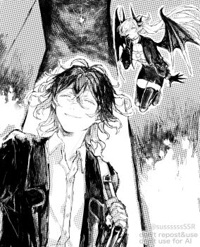 1boy 1girl bat_wings boots breasts closed_eyes commentary_request dante_alighieri_(fate) demon_horns fate/grand_order fate_(series) flying greyscale highres horns lilith_(fate) lilith_(over_the_same_sky)_(fate) monochrome shirt sussssssssr watermark wings