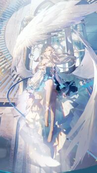 Rule 34 | absurdres, angel, blue dress, building, chinese commentary, cloud, commentary request, dress, elf, feathers, full body, hair between eyes, highres, long hair, original, pointy ears, ribbon, see-through clothes, sitting, sky, white dress, white hair, wings, yellow eyes, yi ke da cui tao tao