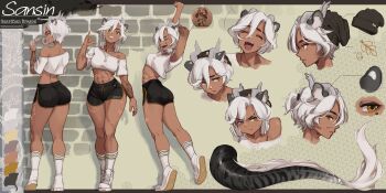 1girl abs absurdres alternate_costume alternate_hairstyle angry animal_ears arm_tattoo armpits ass back beanie breasts character_name closed_eyes color_guide commentary dark-skinned_female dark_skin dolphin_shorts dragon_girl dragon_horns dragon_tail english_commentary fangs full_body grey_hair hair_between_eyes hat headphones highres holding holding_headphones horns horns_signal indie_virtual_youtuber jewelry large_breasts looking_at_viewer looking_back model_sheet mole mole_under_eye multiple_expressions multiple_views muscular muscular_female navel necklace one_eye_closed open_mouth peesh_san pout reference_sheet sansin_jin scar shoes short_hair shorts small_breasts smile sneakers socks sportswear standing stretching tail tape tattoo teeth tongue turnaround twitter_username virtual_youtuber white_hair white_socks yellow_eyes