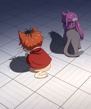absurdres animal animal_with_hair animalization black_hair cape cat cat_shadow_puppet_(meme) clothed_animal commentary different_shadow fern_(sousou_no_frieren) highres j_humbo meme no_humans purple_hair red_cape red_hair shadow short_hair sitting sousou_no_frieren standing stark_(sousou_no_frieren) symbol-only_commentary tile_floor tiles watermark