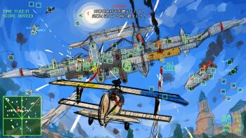 1boy absurdres ace_combat aerial_battle aircraft airplane battle biplane dieselpunk dirigible dogfight fire gameplay_mechanics heads-up_display highres original parody pilot projectile_trail rokubotei_ayagiri score sketch smoke user_interface