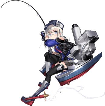 1girl ahoge black_sailor_collar black_skirt black_thighhighs blue_eyes blue_hat blue_shirt fish fishing_rod glasses gloves grey_hair hat headgear heywood_l._edwards_(kancolle) heywood_l._edwards_(saury_festival)_(kancolle) heywood_l._edwards_kai_(kancolle) holding holding_fishing_rod kantai_collection long_hair neckerchief off-shoulder_shirt off_shoulder official_alternate_costume official_art pink_neckerchief propeller_footwear rigging sailor_collar saury searchlight shirt skirt solo thighhighs transparent_background white_gloves zeco