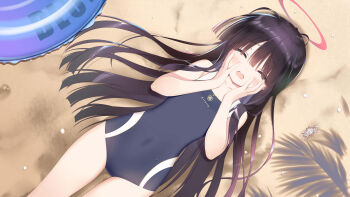 1girl :o bare_arms beach black_hair black_one-piece_swimsuit blue_archive blunt_bangs blush breasts closed_eyes collarbone day dutch_angle embarrassed feet_out_of_frame from_above hair_over_eyes halo hands_on_own_cheeks hands_on_own_face highres innertube justice_task_force_member_(blue_archive) loli long_hair lying new_school_swimsuit on_back one-piece_swimsuit open_mouth outdoors peanut_mouth red_halo santa_matsuri school_swimsuit small_breasts solo swim_ring swimsuit trinity_general_school_logo very_long_hair