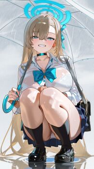 1girl absurdres ass asuna_(blue_archive) asuna_(school_uniform)_(blue_archive) black_choker black_shoes black_socks blue_archive blue_eyes blue_halo blue_nails blue_ribbon blue_skirt bra bra_visible_through_clothes breasts brown_hair chan_(dlgkal123) choker cleavage collared_shirt crotch_seam grin hair_ribbon halo highres holding holding_umbrella large_breasts long_hair long_sleeves looking_at_viewer looking_down nail_polish outdoors panties pantyshot pleated_skirt rain ribbon school_uniform see-through_clothes see-through_shirt shirt shoes skirt sleeves_rolled_up smile socks solo squatting thighs umbrella underwear very_long_hair water water_drop wet wet_clothes wet_shirt white_bra white_panties white_shirt