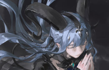 Rule 34 | 1girl, absurdres, arknights, bang dream!, bang dream! it's mygo!!!!!, black background, black horns, black ribbon, blue hair, closed eyes, closed mouth, commentary, curled horns, detached collar, facing viewer, floating hair, hair ribbon, hands up, highres, horns, long hair, own hands clasped, own hands together, phyriaxi, ribbon, sidelocks, solo, togawa sakiko, togawa sakiko (master of melodia), two side up, upper body