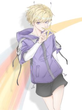 1boy absurdres adapted_costume aegyo_sal alien androgynous animification antennae bishounen black_shorts blonde_hair chinese_commentary commentary_request cowboy_shot highres hood hood_down hoodie jiujiechenxiang layered_sleeves long_sleeves looking_at_viewer male_focus minecraft_youtube purple_eyes purple_hoodie purpled short_hair short_sleeves shorts simple_background star_(symbol) thick_eyelashes white_background