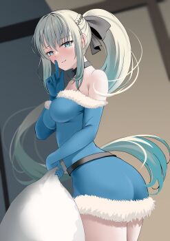 1girl absurdres ass bare_shoulders belt black_bow blue_dress blue_eyes blue_gloves blush bow braid breasts commentary_request dress fate/grand_order fate_(series) fur-trimmed_dress fur_trim gloves grey_hair hair_bow highres index_finger_raised large_breasts long_hair long_sleeves looking_at_viewer mishiro_(ixtlolton) morgan_le_fay_(fate) off_shoulder ponytail sack sidelocks smile solo thighs very_long_hair