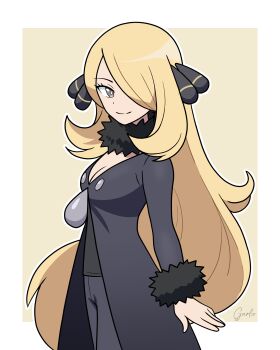 1girl absurdres black_coat black_pants black_shirt blonde_hair border breasts cleavage closed_mouth coat cowboy_shot cynthia_(pokemon) fur-trimmed_sleeves fur_collar fur_trim garloo grey_eyes hair_ornament hair_over_one_eye highres long_hair looking_at_viewer medium_breasts nintendo pants pokemon pokemon_dppt shirt smile solo very_long_hair white_border