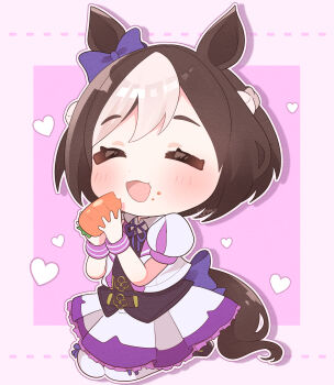 1girl absurdres animal_ears blush bow braid brown_hair carrot chibi chibi_only closed_eyes ear_bow ear_ribbon eating half_up_braid heart highres holding holding_carrot horse_ears horse_girl horse_tail jacket kurumiya_(krmy_p) multicolored_hair open_clothes open_jacket open_mouth purple_bow purple_ribbon purple_vest ribbon seiza shirt short_hair short_sleeves sitting skirt smile special_week_(special_dreamer)_(umamusume) special_week_(umamusume) tail thighhighs two-tone_hair umamusume vest white_hair white_jacket white_shirt white_skirt white_thighhighs