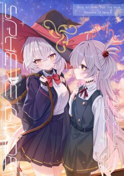 2girls absurdres black_jacket black_pantyhose black_skirt blue_archive brown_eyes brown_halo commentary_request eri_(blue_archive) grey_hair grey_skirt halo hat highres jacket kanoe_(blue_archive) looking_at_viewer multiple_girls pantyhose red_ribbon ribbon shirt skirt thighs white_shirt witch_hat yatani_row yellow_eyes yellow_halo