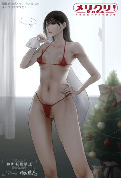 ... 1girl armpits bare_shoulders bikini black_hair breasts brown_eyes christmas_tree commentary_request female_pubic_hair grey_nails hand_on_own_hip highres holding holding_sack isakasai large_variant_set long_hair looking_at_viewer medium_breasts navel original pubic_hair pubic_hair_peek red_bikini sack solo spoken_ellipsis swimsuit variant_set