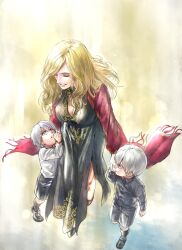 Rule 34 | 1girl, 2boys, aged down, black dress, blonde hair, blue eyes, brothers, child, closed eyes, dante (devil may cry), devil may cry (series), devil may cry 5, dress, eva (devil may cry), family, highres, holding, holding hands, long dress, long hair, mother and son, multiple boys, parent and child, siblings, simple background, smile, vergil (devil may cry), white hair, yse5959