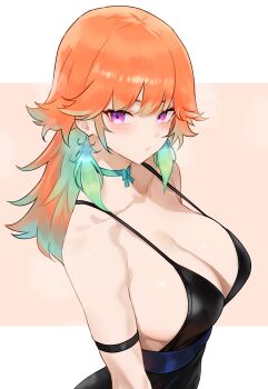 1girl absurdres alternate_costume black_dress bluefield blush breasts cleavage commentary_request dress earrings feather_earrings feathers gradient_hair green_hair highres hololive hololive_english jewelry large_breasts long_hair looking_at_viewer multicolored_hair orange_hair purple_eyes simple_background solo takanashi_kiara virtual_youtuber