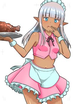 Rule 34 | 1girl, :p, absurdres, alternate costume, apron, bare shoulders, blue eyes, blunt bangs, boned meat, breasts, commentary request, cowboy shot, crop top, dark-skinned female, dark elf, dark skin, elf, enmaided, food, grey hair, hand to own mouth, highres, holding, holding plate, karla (kono healer mendokusai), kono healer mendokusai, long hair, looking at viewer, maid, maid apron, maid headdress, meat, midriff, navel, official art, pink skirt, plate, pointy ears, shirt, skirt, sleeveless, sleeveless shirt, small breasts, solo, stomach, tannen ni hakkou, tongue, tongue out, white apron, white background, white wrist cuffs, wrist cuffs