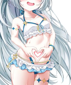 1girl absurdres bikini bracelet breasts cleavage collarbone commentary_request fang female_tyrant_(stella_sora) frilled_bikini frills grey_hair heart heart_hands heart_tattoo highres jewelry long_hair looking_at_viewer navel nekodama2000 open_mouth simple_background skin_fang small_breasts solo stella_sora sweat swimsuit tattoo thigh_strap tyrant_(stella_sora) very_long_hair white_background white_bikini