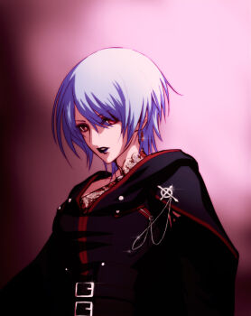 1girl aged_up belt blue_hair blue_lips breasts capelet celtic_cross chaos;child chaos;head commentary_request cross floral_print halterneck jewelry kishimoto_ayase long_sleeves looking_at_viewer male_focus medium_breasts multiple_belts parted_lips phantasm red_eyes red_trim robber-krzk science_adventure short_hair solo upper_body