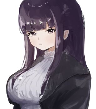 1girl absurdres black_coat blunt_bangs breasts closed_mouth coat dress expressionless fern_(sousou_no_frieren) hair_ornament highres large_breasts ll_dal long_hair looking_at_viewer open_clothes open_coat purple_eyes purple_hair simple_background solo sousou_no_frieren upper_body white_background white_dress