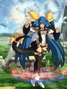 1girl 3d adjusting_clothes adjusting_legwear animated animated_gif arc_system_works asymmetrical_wings belt black_panties black_thighhighs blue_hair boots bouncing bouncing_breasts bow breasts choker cloud collarbone detached_sleeves dizzy_(guilty_gear) gears grass guilty_gear guilty_gear_xrd hair_between_eyes hair_ribbon hair_rings high_heels idle_animation large_breasts long_hair looping_animation magic_circle midriff monster_girl multicolored_background navel official_art panties pillar red_eyes ribbon sky standing sun tail tail_ornament tail_ribbon thick_thighs thigh_strap thighhighs thighs twintails underwear wings yellow_ribbon