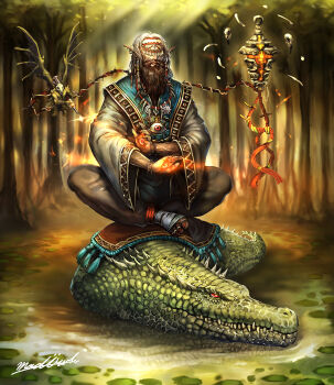 agares_(ars_goetia) ars_goetia beard blindfold creature crocodile crocodilian crossed_legs demon facial_hair forest highres japanese_clothes jewelry lantern looking_at_viewer madowl male_focus nature necklace pointy_ears shaman sharp_teeth sitting sitting_on_animal smile solo tail teeth wetland wide_sleeves