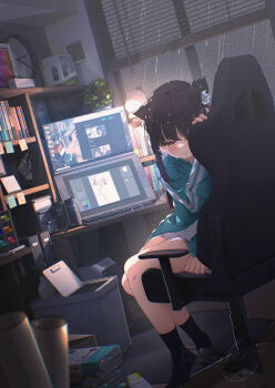 1girl absurdly_detailed_composition animal_ear_fluff animal_ears art_program_in_frame binder black_hair black_socks blue_jacket blue_shorts blush book book_stack bottle box calendar_(object) can cat_ears cat_girl chair clock commentary computer computer_keyboard computer_mouse computer_tower crying crying_with_eyes_open desk desk_lamp desktop_(computing) doll drawer drawing_tablet drink_can energy_drink figure fingernails from_behind gaming_chair green_eyes highres hoji_(hooooooooji1029) holding holding_stylus indoors jacket lamp loaded_interior long_hair looking_back marker mat monitor night original package plant potted_plant rain sad shelf shirt short_shorts shorts signature sitting socks spray_bottle sticky_note striped_clothes stylus swivel_chair tears thighs vertical-striped_clothes watermark white_shirt window_blinds wooden_floor
