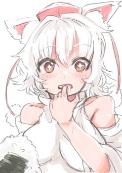 Rule 34 | + +, 1girl, animal ear fluff, animal ears, breasts, commentary request, detached sleeves, drooling, finger in own mouth, food, hat, highres, inubashiri momiji, large breasts, looking down, lower teeth only, medium hair, messy hair, offering food, onigiri, open mouth, pom pom (clothes), red eyes, red hat, shirt, simple background, solo, teeth, tokin hat, touhou, white background, white hair, white shirt, wide sleeves, wolf ears, wolf girl, yoyoiro (sysi20)