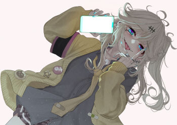 1girl armband bad_id bad_pixiv_id black_shirt blonde_hair blue_eyes blue_nails blush cardigan cellphone cowboy_shot dutch_angle ear_piercing fang floating_hair gyaru hair_ornament hairclip half-closed_eyes hand_on_own_cheek hand_on_own_face hands_up highres holding holding_phone jewelry kasukabe_tsumugi long_hair long_sleeves looking_at_viewer magatama magatama_necklace microskirt mole mole_under_eye multiple_rings ne_an_ito necklace off_shoulder one_side_up open_cardigan open_clothes open_mouth phone piercing plaid_clothes plaid_skirt ring shirt sideways simple_background skirt smartphone smile solo tongue tongue_out voicevox w white_background yellow_cardigan