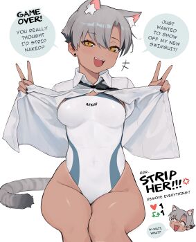 Rule 34 | 1girl, absurdres, animal ear fluff, animal ears, bare legs, black nails, black necktie, blush, breasts, brown eyes, cat ears, cat girl, commentary, competition swimsuit, covered navel, dark-skinned female, dark skin, earrings, english commentary, english text, eyelashes, fangs, feet out of frame, go! go! gris!, grey hair, grey tail, hair between eyes, hands up, highleg, highleg one-piece swimsuit, highres, impossible clothes, impossible swimsuit, jewelry, kara (go! go! gris!), making-of available, medium breasts, nail polish, necktie, no pants, off shoulder, one-piece swimsuit, open clothes, open mouth, open shirt, original, shiny skin, shirt, short hair, simple background, skindentation, speech bubble, stud earrings, swimsuit, swimsuit under clothes, teeth, thighs, twitter strip game, unbuttoned, unbuttoned shirt, upper teeth only, v, vertigris, white background, white one-piece swimsuit, white shirt