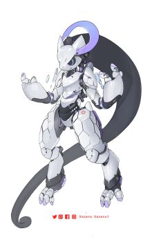 animal_focus artist_name black_sclera blue_eyes colored_sclera commentary english_commentary facebook_logo facebook_username full_body gen_1_pokemon highres instagram_logo instagram_username legendary_pokemon mecha mechanization mega_evolution mega_mewtwo_y mega_pokemon mewtwo nintendo no_humans pixiv_logo pixiv_username pokemon pokemon_(creature) robot simple_background solo twitter_logo twitter_username white_background xezeno