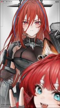 2girls :d akekuri_(arknights) animal_ear_fluff animal_ears arknights arknights:_endfield blue_eyes blue_streaks breasts closed_mouth commentary dated ember_(arknights) english_commentary fang hair_between_eyes highres hikimayu large_breasts light_blush long_hair multicolored_hair multiple_girls open_mouth orange_eyes recording red_hair short_eyebrows smile streaked_hair teeth twitter_username v v-shaped_eyebrows viewfinder yokaze_(yokajie)