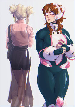 ! !! 2girls absurdres bag blackberreh-art blonde_hair boku_no_hero_academia brown_hair double_bun fingerless_gloves gloves hair_bun highres holding holding_phone lips multiple_girls muscular muscular_female parted_lips phone see-through_clothes see-through_shirt see-through_skirt shirt shoulder_bag skirt toga_himiko uraraka_ochako wide-eyed