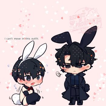 2boys :/ :o animal_ear_hairband animal_ears black_coat black_eyes black_gloves black_hair black_male_underwear black_shirt black_thighhighs blush coat commentary double-parted_bangs fake_animal_ears gloves hair_between_eyes hairband hands_in_pockets highres kim_dokja kimidori_22 male_focus male_underwear multiple_boys nipples no_shirt omniscient_reader&#039;s_viewpoint open_clothes open_coat popped_collar rabbit_ear_hairband rabbit_ears rabbit_tail shirt short_hair squiggle sweatdrop symbol-only_commentary tail thighhighs trembling underwear yoo_joonghyuk