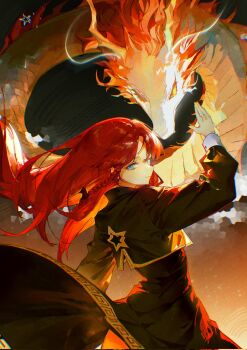 1girl 5swcf1iy8k31657 blue_eyes clothes_lift commentary dragon dress eastern_dragon fighting_stance green_dress highres hong_meiling long_hair looking_at_viewer looking_back red_hair skirt skirt_lift solo star_(symbol) star_print touhou