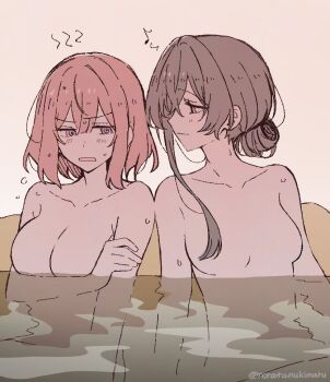 2girls @_@ amaori_renako blush breasts brown_hair closed_mouth commentary_request eighth_note large_breasts medium_hair multiple_girls musical_note noratanukimaru nude onsen partially_submerged pink_hair purple_eyes same-sex_bathing sena_ajisai shared_bathing smile sweat twitter_username watashi_ga_koibito_ni_nareru_wake_naijan_murimuri! wet yuri