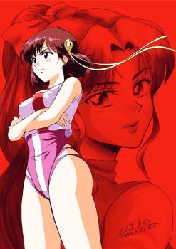 2girls amano_kazumi bacchusquall bare_arms bow breasts brown_eyes brown_hair character_name closed_mouth commentary_request cowboy_shot crossed_arms dated gunbuster_pose hair_bow headband leotard long_hair looking_at_viewer looking_back medium_breasts multiple_girls pink_leotard ponytail portrait projected_inset red_background shirt short_hair sleeveless sleeveless_shirt smile standing takaya_noriko thighs top_wo_nerae! top_wo_nerae!_(series) v-shaped_eyebrows white_shirt yellow_headband