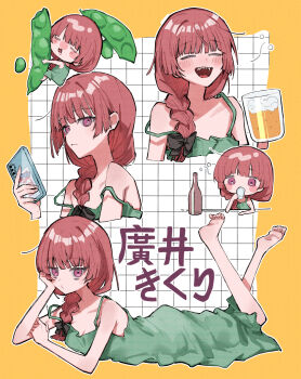 1girl alcohol barefoot beer beer_mug black_bow blunt_bangs blush bocchi_the_rock! bottle bow braid breasts cellphone chibi closed_eyes closed_mouth cup dress drinking_glass drunk feet feet_up food green_dress hair_bow hair_over_shoulder head_rest highres hiroi_kikuri holding holding_cup holding_food holding_phone long_hair looking_at_viewer lying mug multiple_views on_stomach open_mouth phone purple_eyes purple_hair red_hair scripco sharp_teeth single_braid sleeveless sleeveless_dress smartphone smile soles strap_slip teeth the_pose toes
