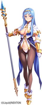 Rule 34 | 1girl, blue eyes, blue hair, breasts, emilia solva, female focus, full body, game cg, gloves, highres, hikage eiji, knight, kuroinu gaiden ~in'yoku ni oboreta shouki-tachi no monogatari~, kuroinu ~kedakaki seijo wa hakudaku ni somaru~, liquid (company), long hair, looking at viewer, medium breasts, navel, official art, polearm, revealing clothes, solo, spear, standing, underwear, weapon